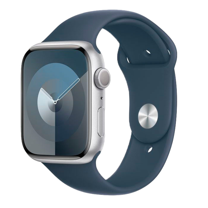 Apple Watch Series 9  (корпус - серебристый, 45mm ремешок Sport Band штормовой синий, размер M/L) ремешок vlp для apple watch 45mm 45mm нержавеющая сталь золотой