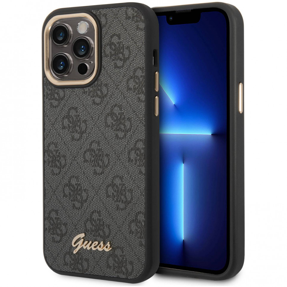 

Чехол-накладка Guess 4G Script metal logo Hard для iPhone 14 Pro Max, полиуретан, черный