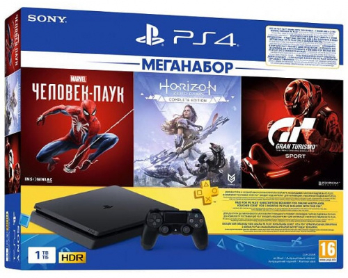 

Игровая консоль Sony PlayStation 4 + Spider-Man, Horizon Zero Dawn, Gran Turismo Sport