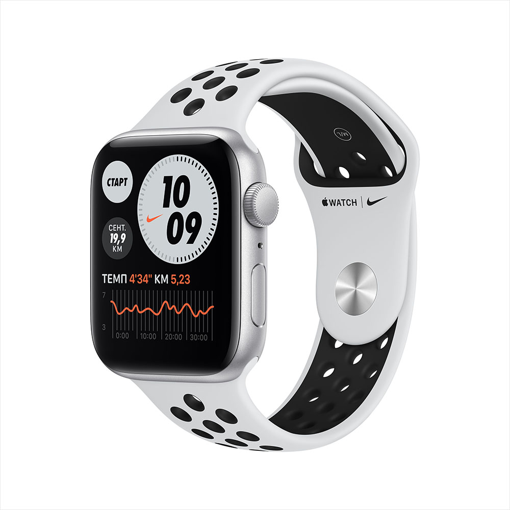 Apple Watch Nike SE GPS 44mm (корпус - серебристый, спортивный ремешок Nike цвета «чистая платина/черный», MKQ73RU/A)