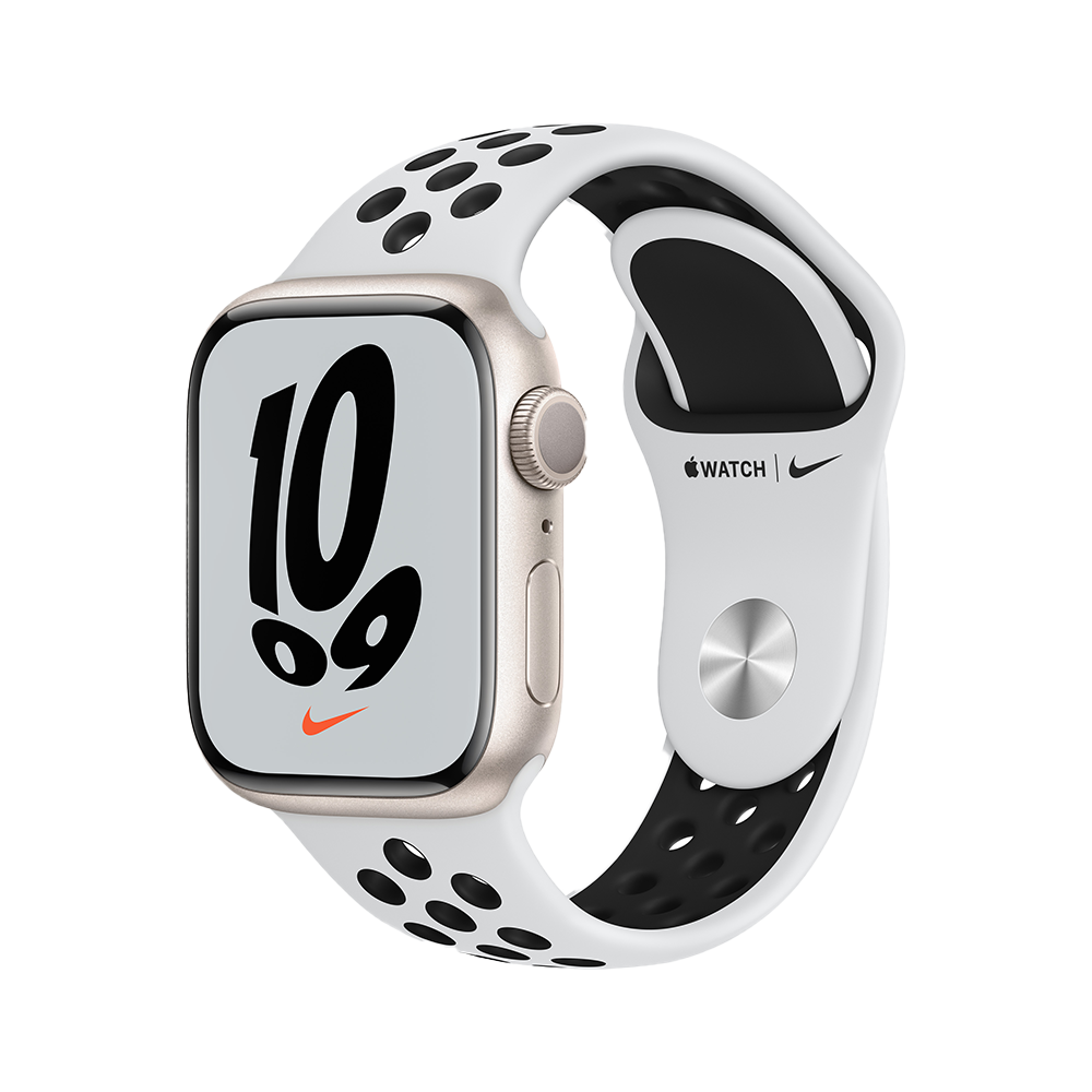 Apple Watch Nike Series 7 GPS 41mm (корпус - сияющая звезда, спортивный ремешок Nike цвета чистая платина/чёрный, IP67/WR50, MKN33RU/A)