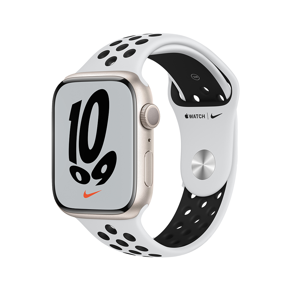 Apple Watch Nike Series 7 GPS 45mm (корпус - сияющая звезда, спортивный ремешок Nike цвета чистая платина/чёрный, IP67/WR50, MKNA3RU/A)