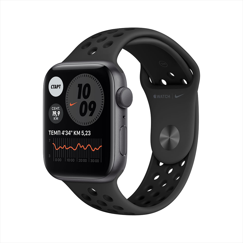 Apple Watch Nike SE GPS 44mm (корпус - серый космос, спортивный ремешок Nike цвета «антрацитовый/чёрный», MKQ83RU/A)