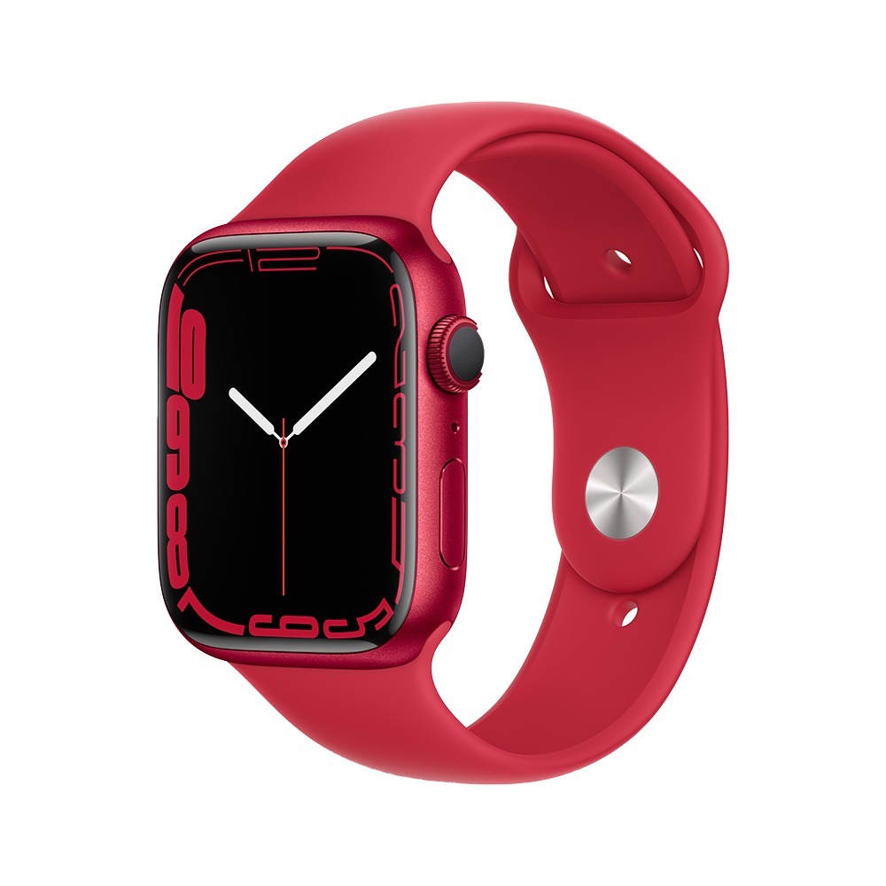 Apple Watch Series 7 GPS 45mm (корпус - красный, спортивный ремешок красного цвета, IP67/WR50, MKN93RU/A)