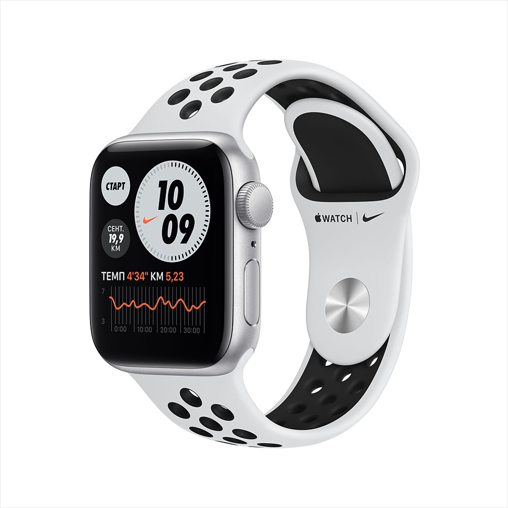 Apple Watch Nike SE GPS 40mm (корпус - серебристый, спортивный ремешок Nike цвета «чистая платина/черный», MKQ23RU/A)