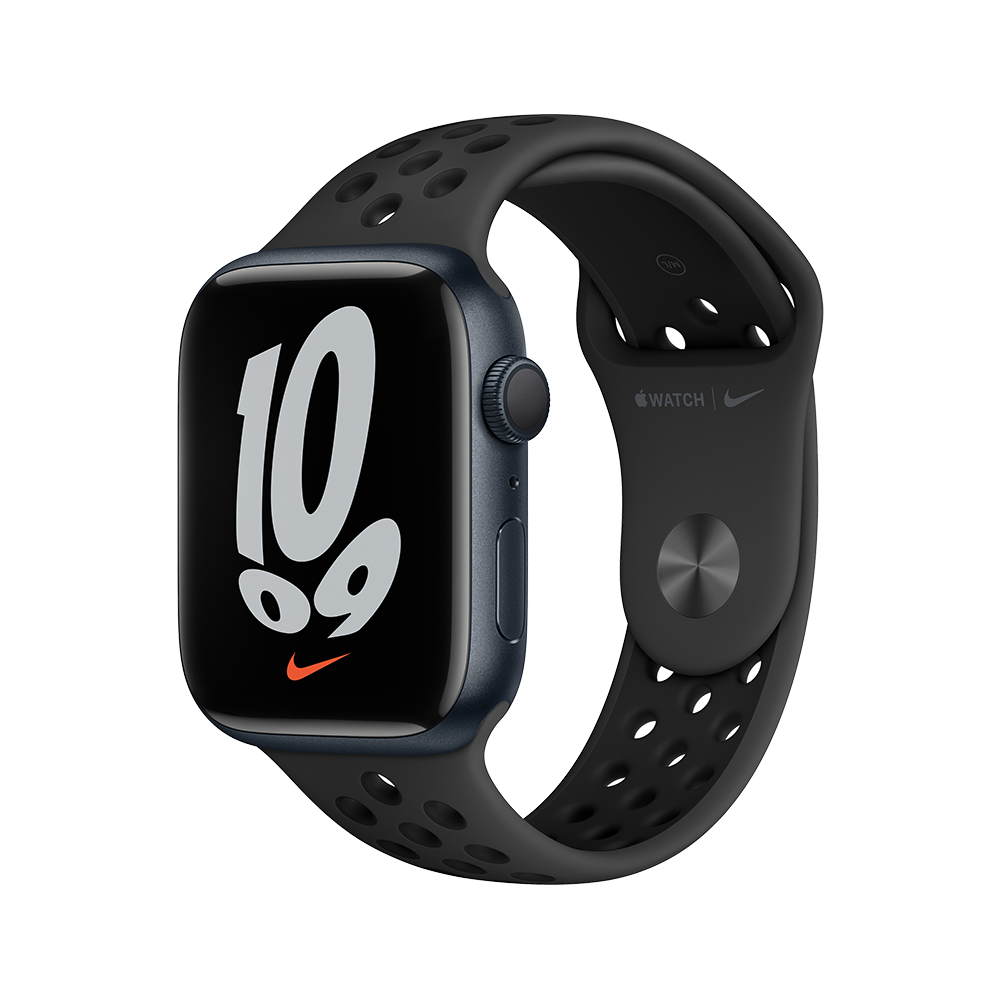 

Apple Watch Nike Series 7 GPS 45mm (корпус - темная ночь, спортивный ремешок Nike цвета антрацитовый/черный, IP67/WR50)