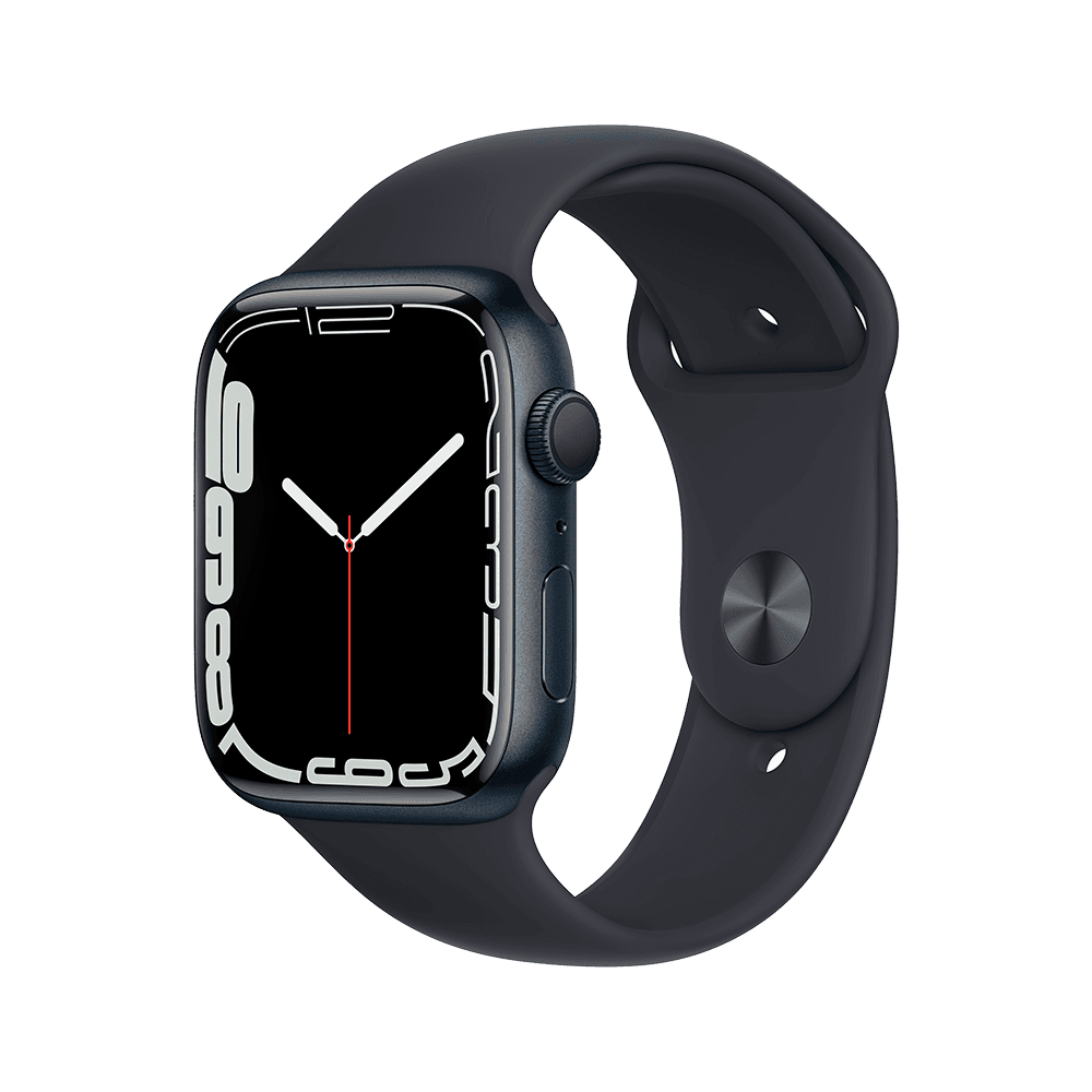 Apple Watch Series 7 GPS 45mm (корпус - темная ночь, спортивный ремешок цвета тёмная ночь, IP67/WR50, MKN53RU/A)