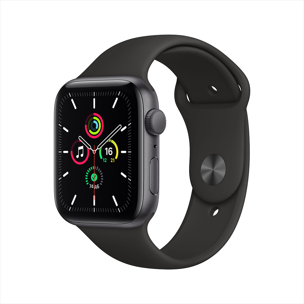 Apple Watch SE GPS 44mm (корпус - серый космос, спортивный ремешок черного цвета, MKQ63RU/A)